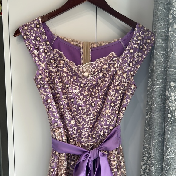 Lace Tie Waist Pleated Dress, Elegant Neck Short Sleeve Maxi Party Dress - Picture 7 of 7